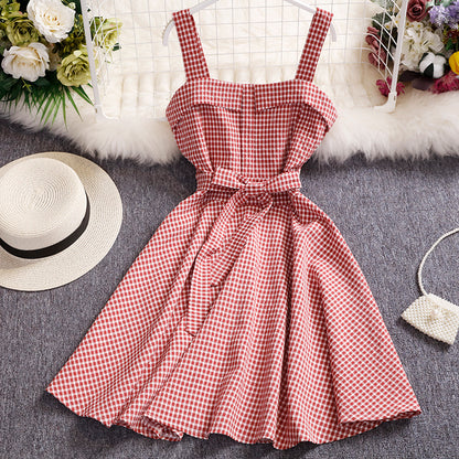 Korean Style Small  Plaid Vest Skirt Sleeveless Waist Waist Slimming A-line Big Swing Dress Female