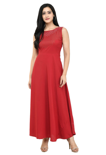 GMG Oceanista Women's Crepe Embellished Partywear Red Maxi Dress PRODUCT CODE (GMG0010085)