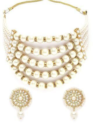 Karatcart Pearl Multilayer Beaded Kundan Choker Necklace Set for Women PRODUCT CODE (OS0006764)