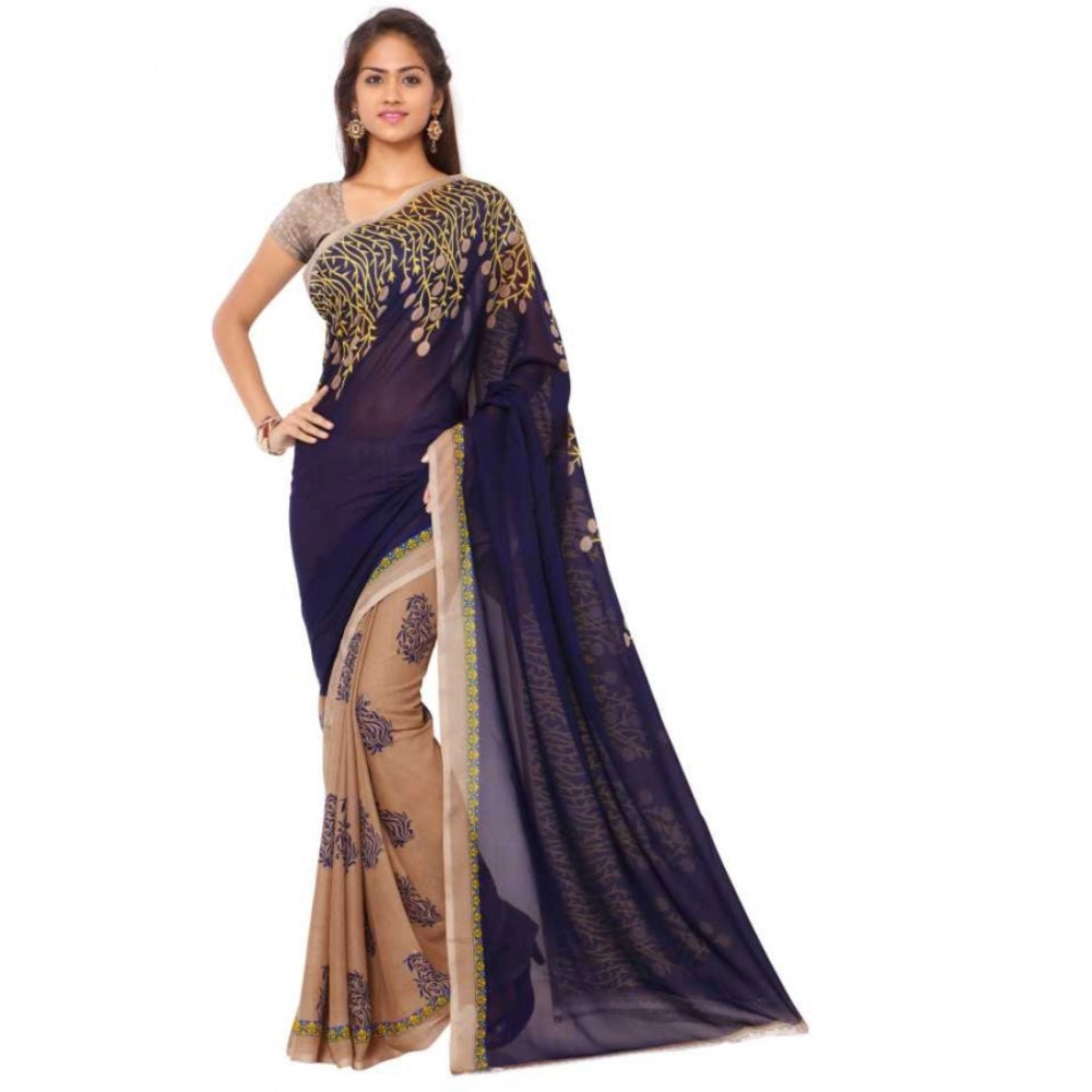 Printed Faux Georgette Blue Color Saree