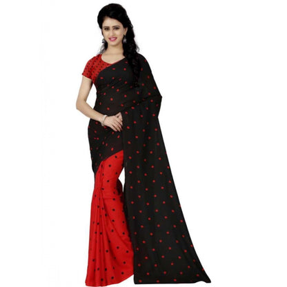 Printed Faux Georgette Red black Color Saree