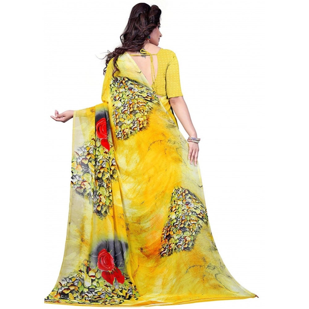 Printed Faux Georgette Yellow Color Saree