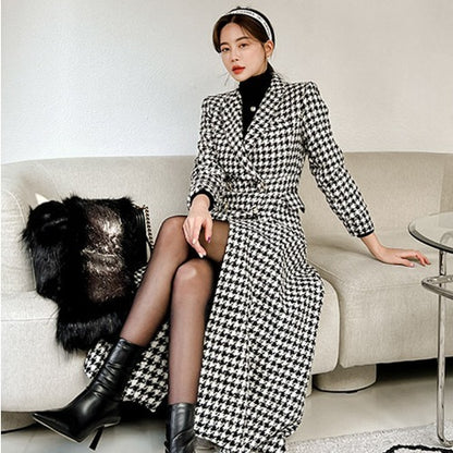 Women's Suit Collar Double-breasted Waist Slim-fit Houndstooth Woolen Coat