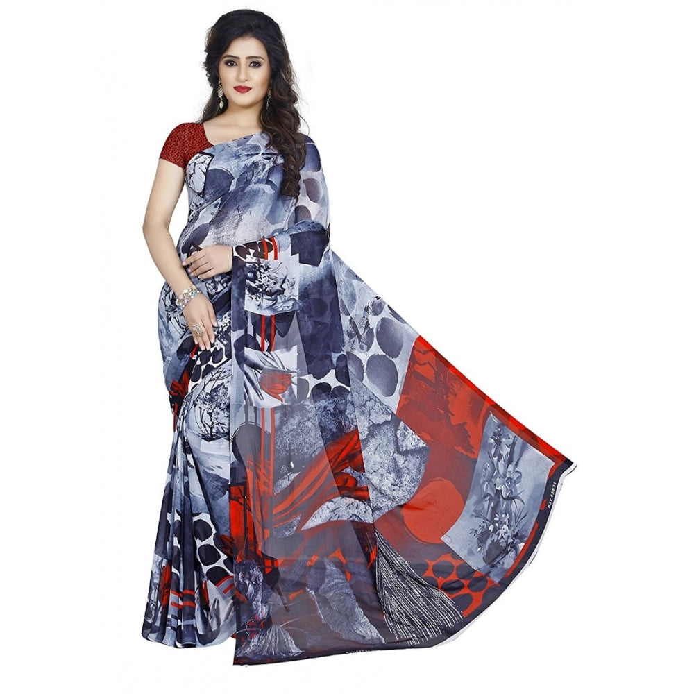 Printed Faux Georgette Black Color Saree