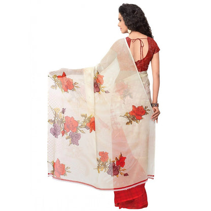 Printed Faux Georgette Red Color Saree