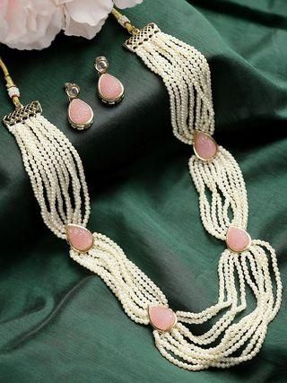 Karatcart Pink Carved Stone Studded Pearl Beaded Rani Haar Necklace Set for Women PRODUCT CODE (OS0006709)