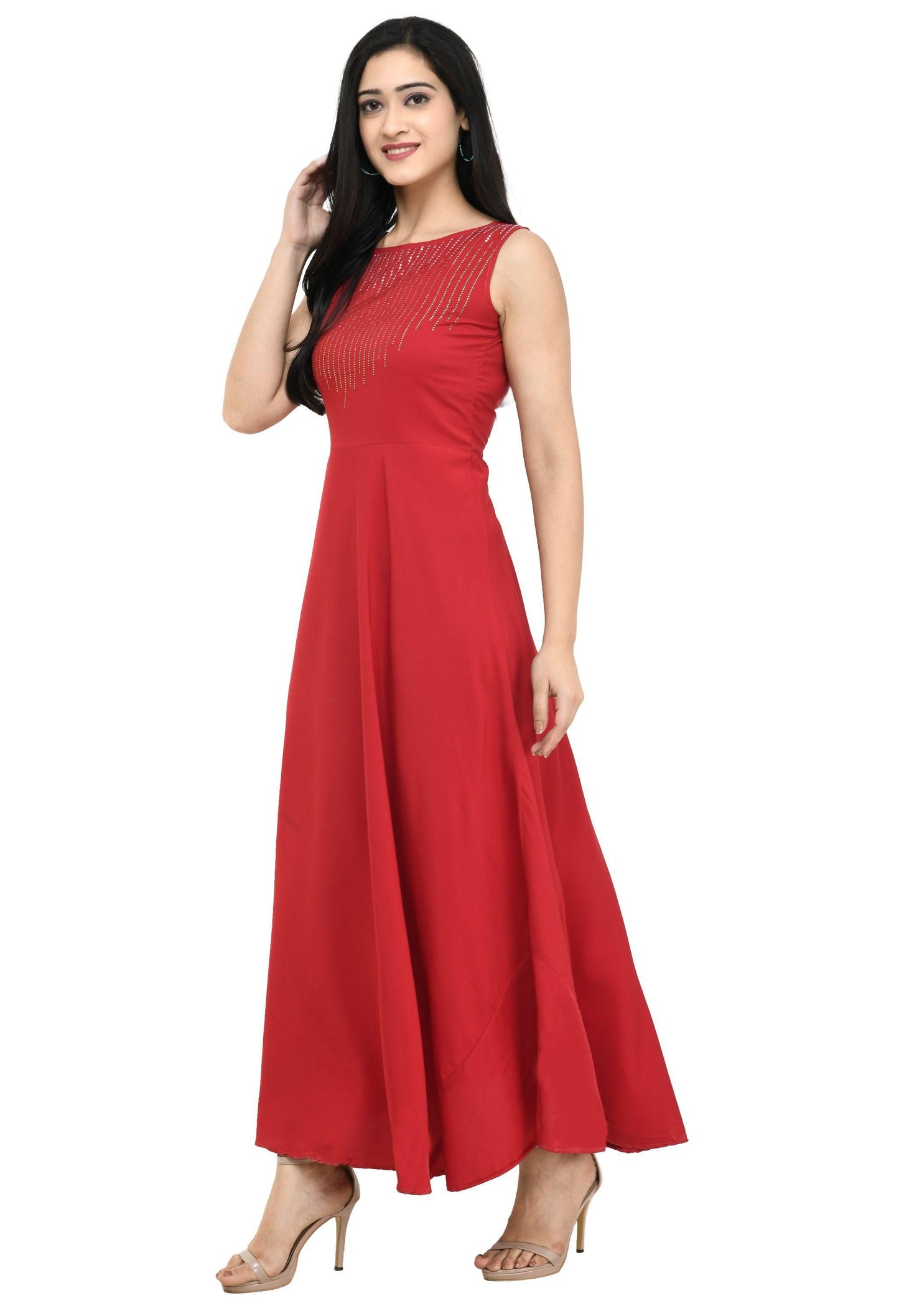 GMG Oceanista Women's Crepe Embellished Partywear Red Maxi Dress PRODUCT CODE (GMG0010085)