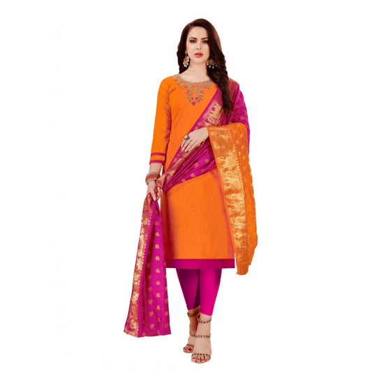 Generic Women's Slub Cotton Unstitched Salwar-Suit Material With Dupatta (Oranage, 2-2.5mtrs)