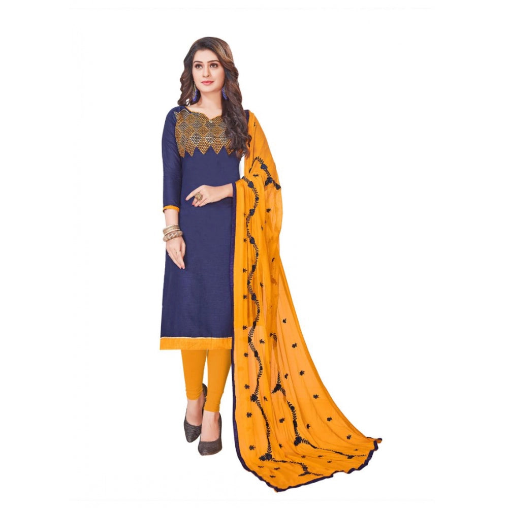 Generic Women's Slub Cotton Unstitched Salwar-Suit Material With Dupatta (Blue, 2-2.5mtrs)