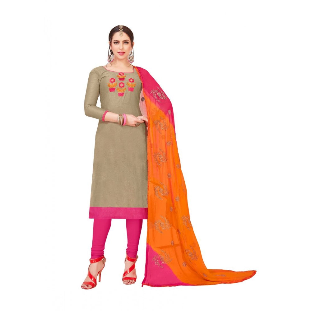 Generic Women's Modal Silk Unstitched Salwar-Suit Material With Dupatta (Light Brown, 2-2.5mtrs)