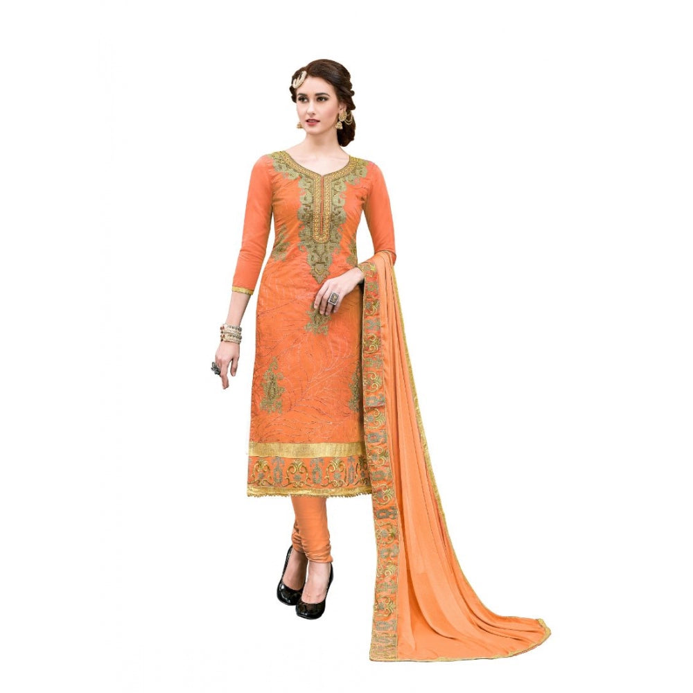 Generic Women's Chanderi Cotton Unstitched Salwar-Suit Material With Dupatta (Oranage, 2-2.5mtrs)