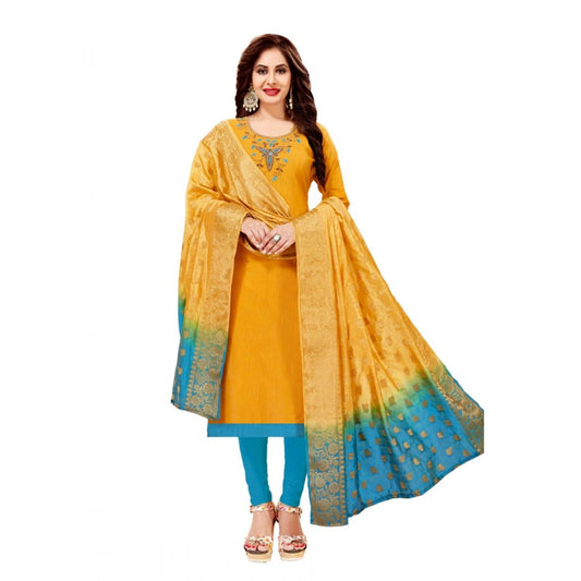 Generic Women's Slub Cotton Unstitched Salwar-Suit Material With Dupatta (Yellow, 2-2.5mtrs)