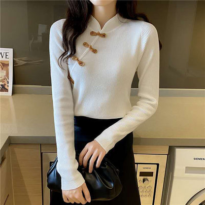 Retro Ladies Sweater Cheongsam Collar Button Slim Bottoming Shirt Top Tide