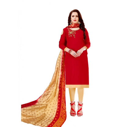 Generic Women's Slub Cotton Unstitched Salwar-Suit Material With Dupatta (Red, 2 Mtr)