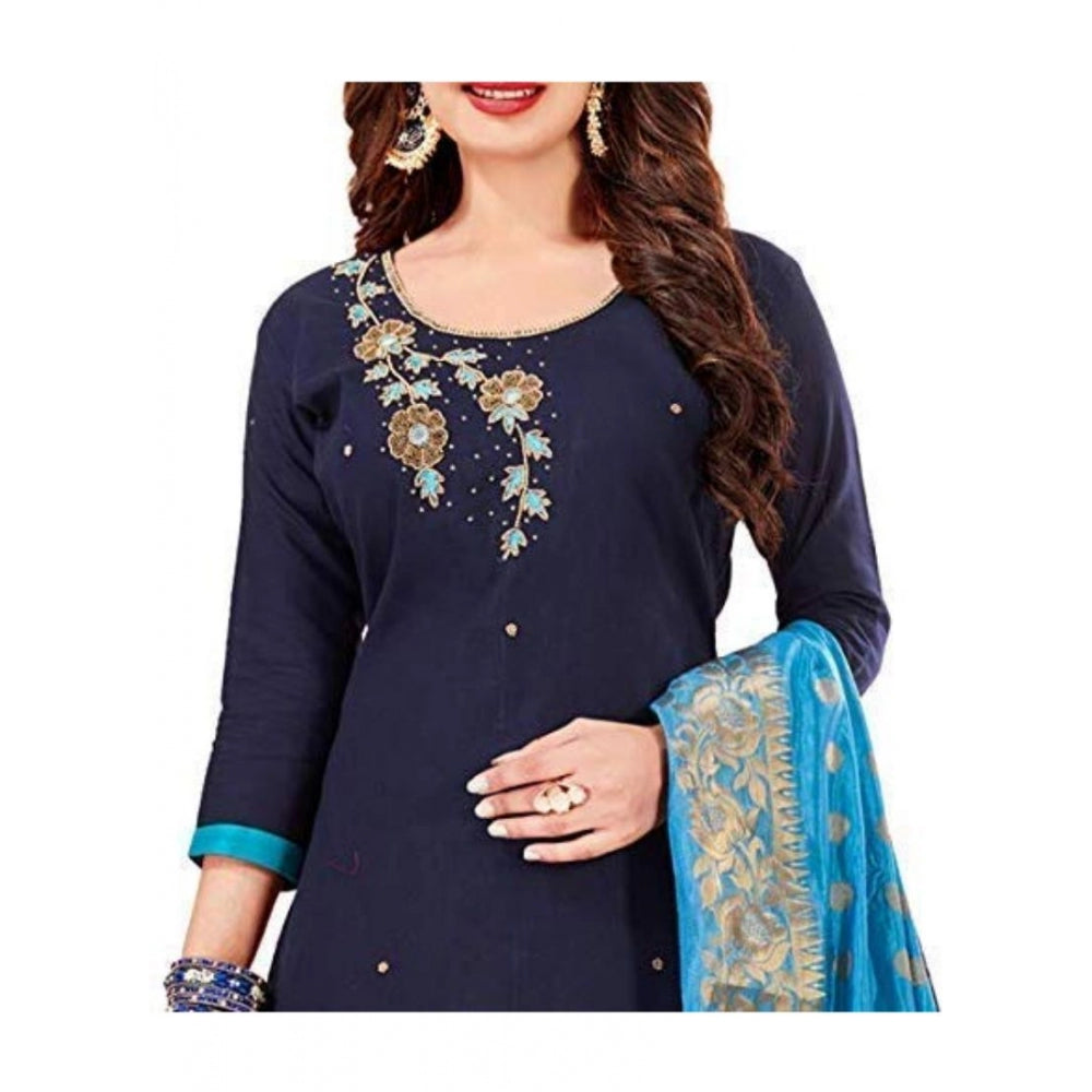 Generic Women's Slub Cotton Unstitched Salwar-Suit Material With Dupatta (Navy Blue, 2 Mtr)