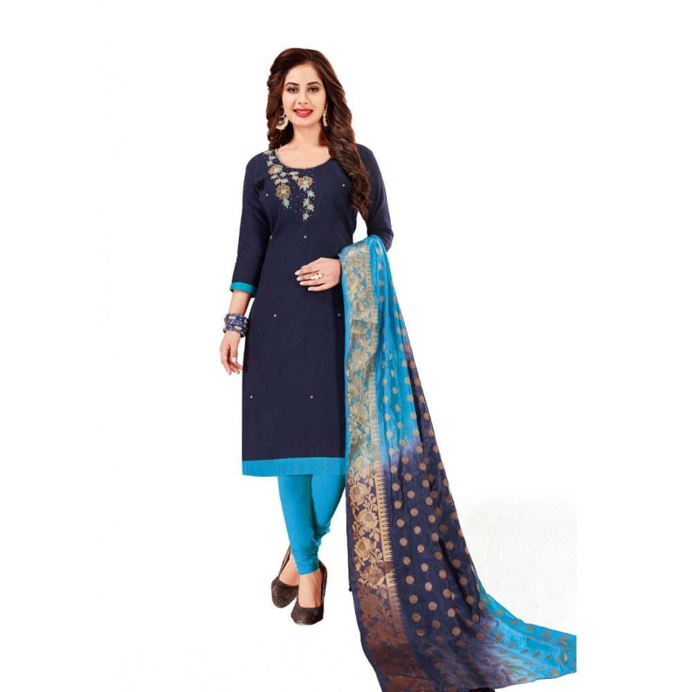 Generic Women's Slub Cotton Unstitched Salwar-Suit Material With Dupatta (Navy Blue, 2 Mtr)