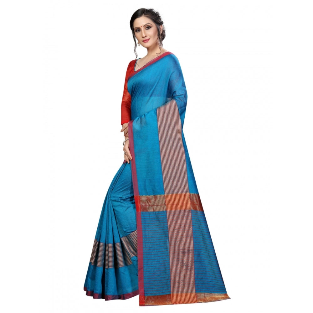 Generic Women's Cotton Saree With Blouse (Sky Blue, 5-6 Mtrs)