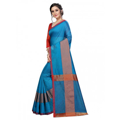 Generic Women's Cotton Saree With Blouse (Sky Blue, 5-6 Mtrs)