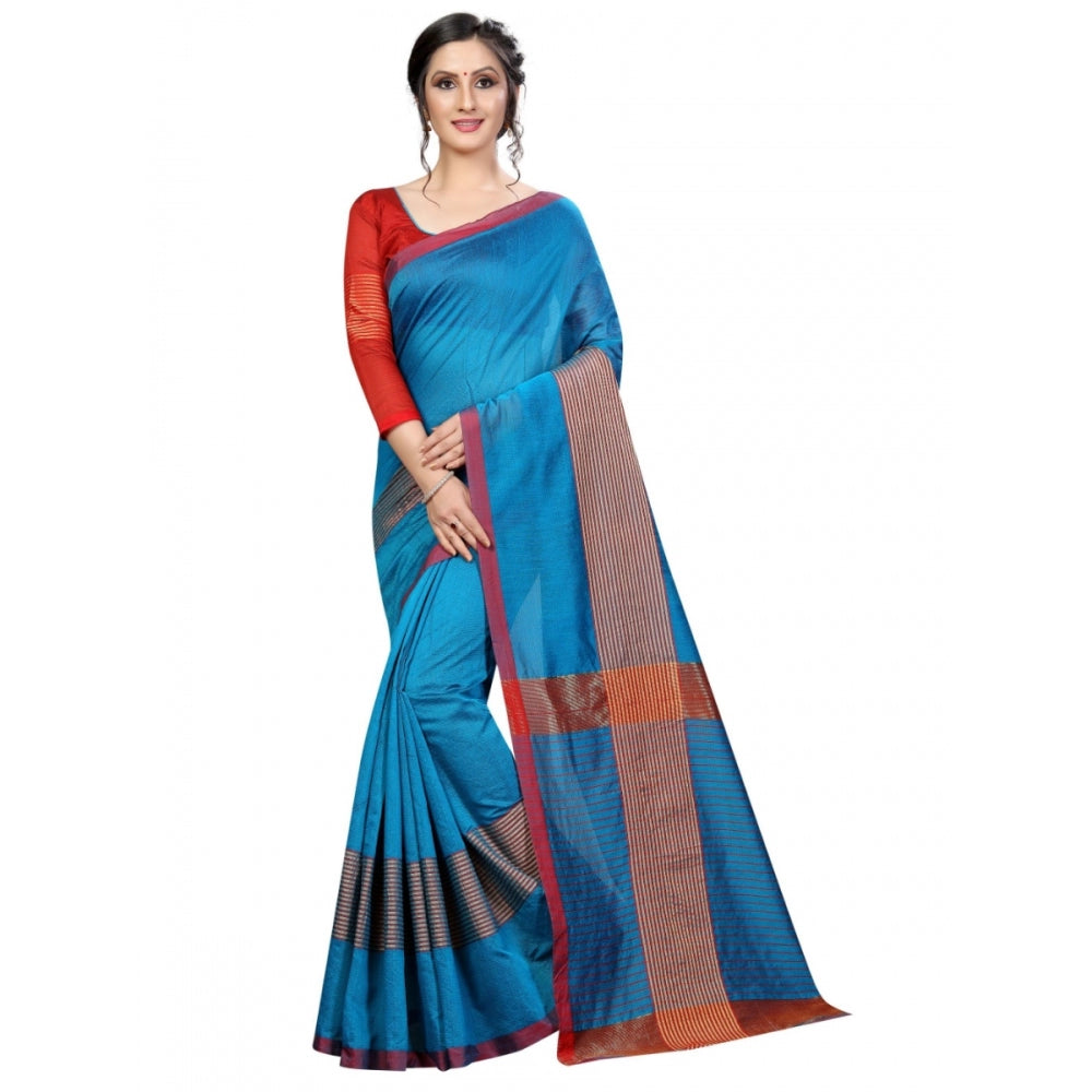 Generic Women's Cotton Saree With Blouse (Sky Blue, 5-6 Mtrs)