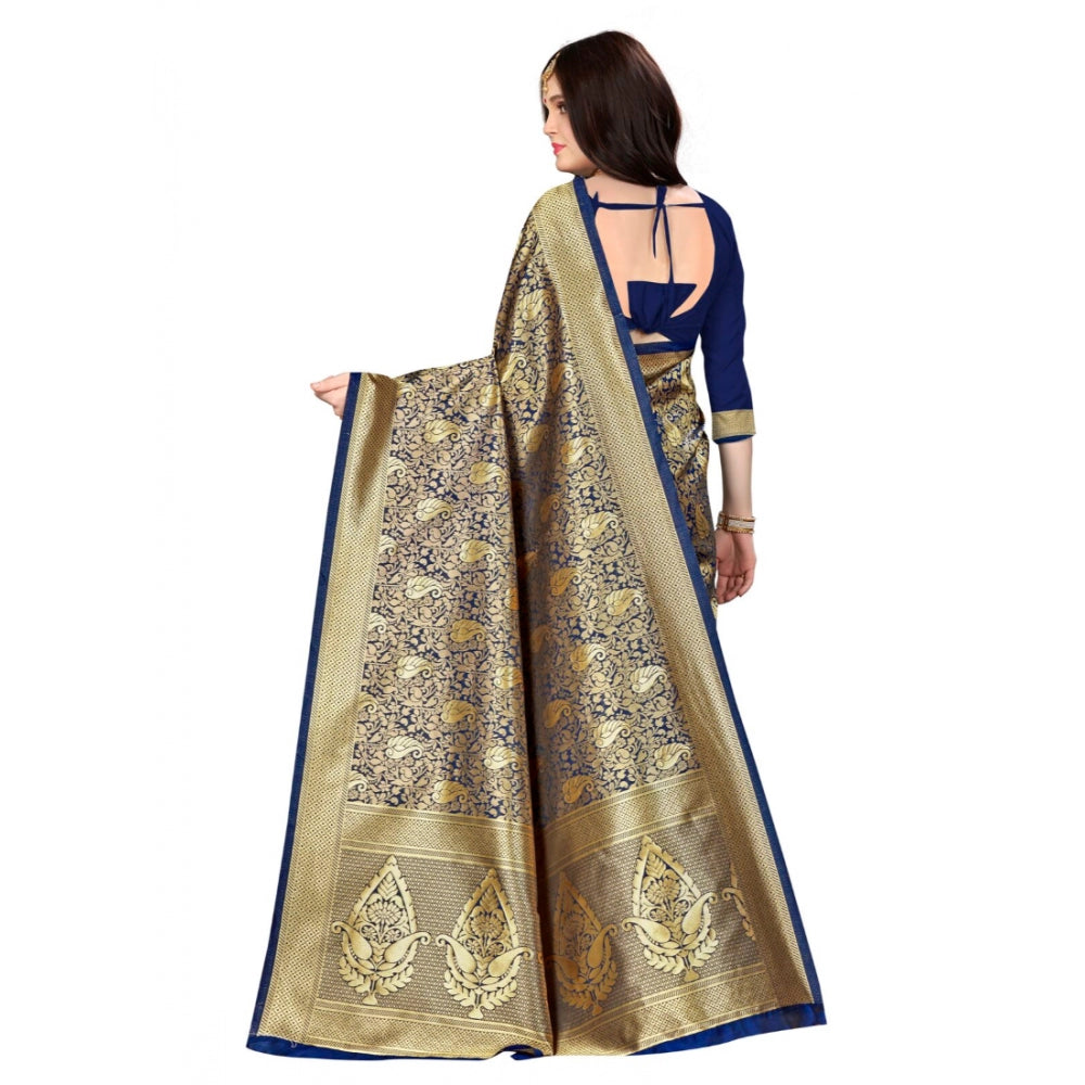 Generic Women's Banarasi silk Saree with Blouse (Navy blue, 5-6mtr)