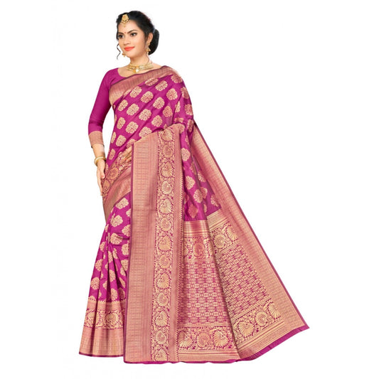 Generic Women's Banarasi silk Saree with Blouse (Wine, 5-6mtr)