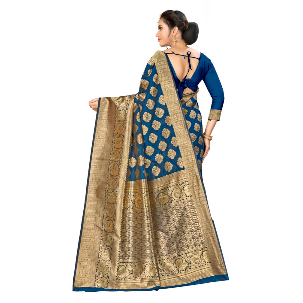 Generic Women's Banarasi silk Saree with Blouse (Navy blue, 5-6mtr)