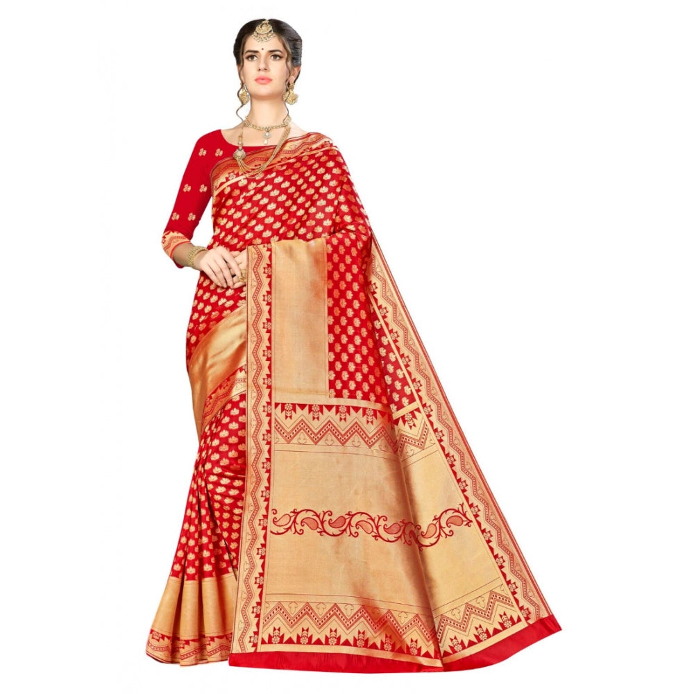 Generic Women's Banarasi silk Saree with Blouse (Red, 5-6mtr)