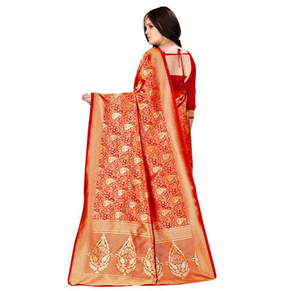 Generic Women's Banarasi silk Saree with Blouse (Red, 5-6mtr)