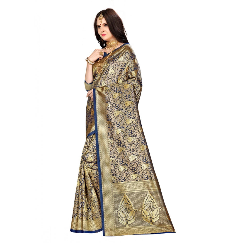 Generic Women's Banarasi silk Saree with Blouse (Navy blue, 5-6mtr)