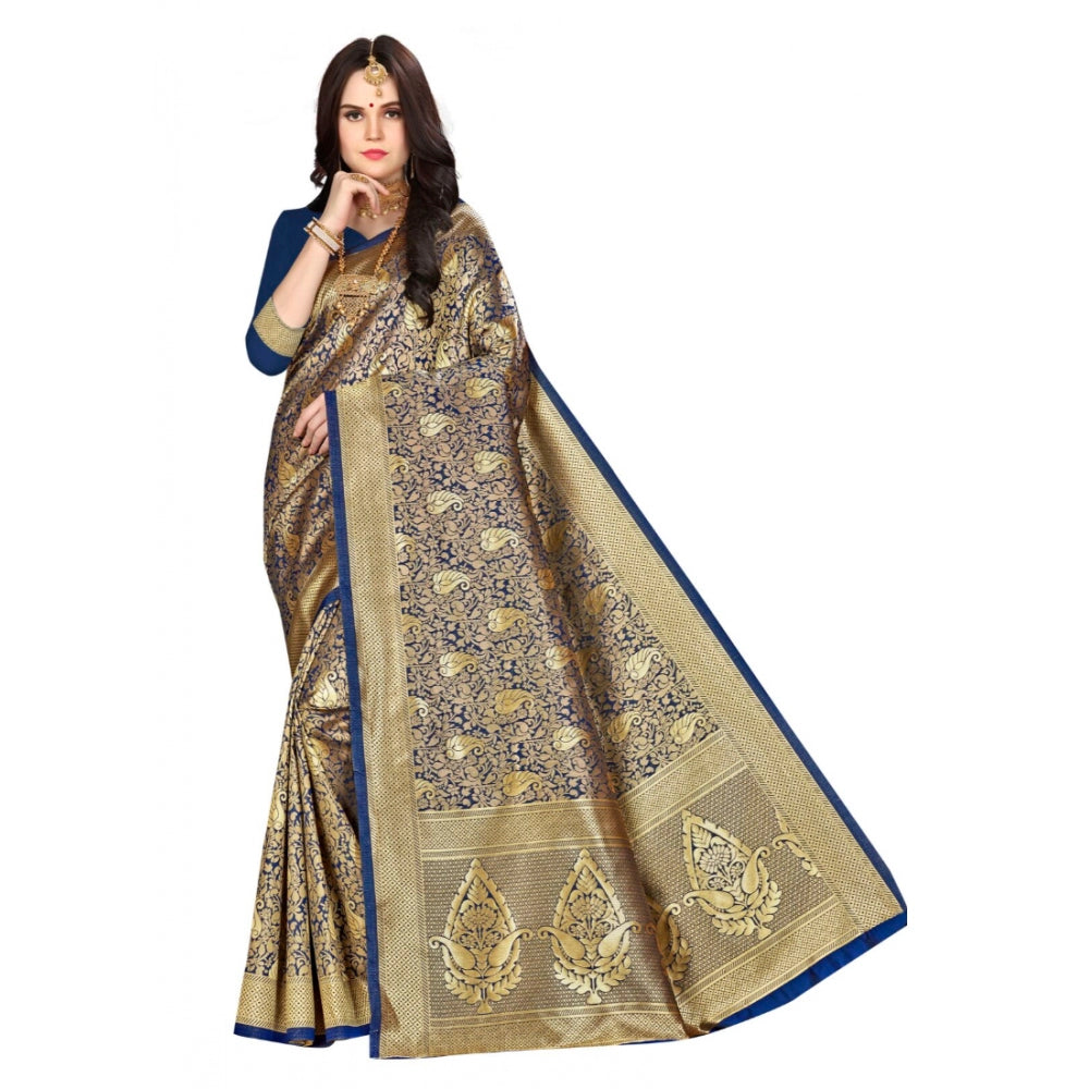 Generic Women's Banarasi silk Saree with Blouse (Navy blue, 5-6mtr)