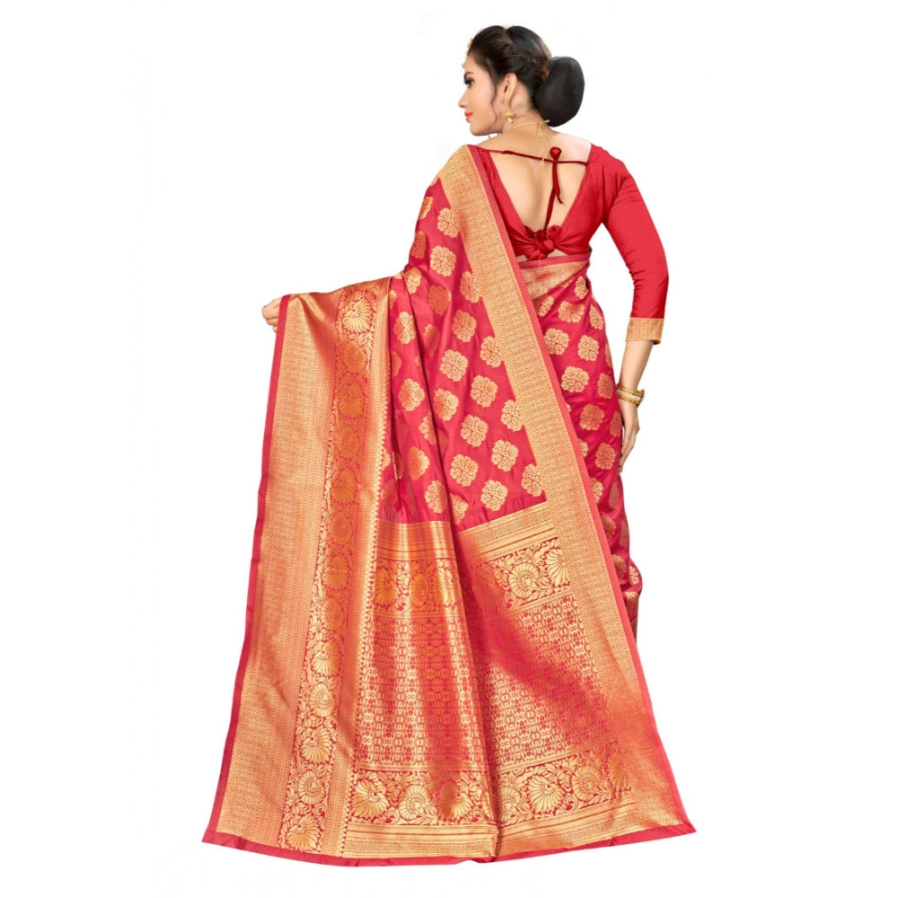 Generic Women's Banarasi silk Saree with Blouse (Red, 5-6mtr)