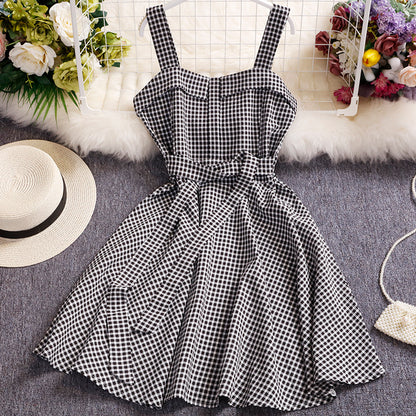 Korean Style Small  Plaid Vest Skirt Sleeveless Waist Waist Slimming A-line Big Swing Dress Female