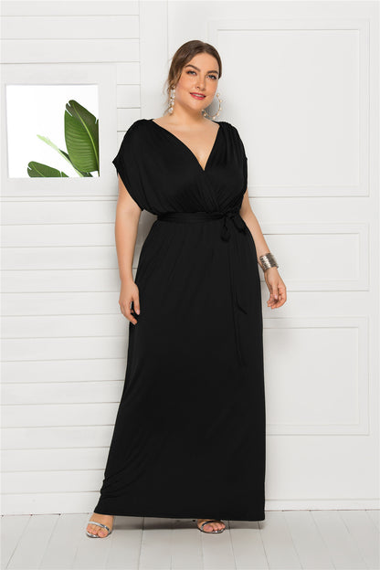 Plus Size Solid Color V-Neck Loose Swing Dress