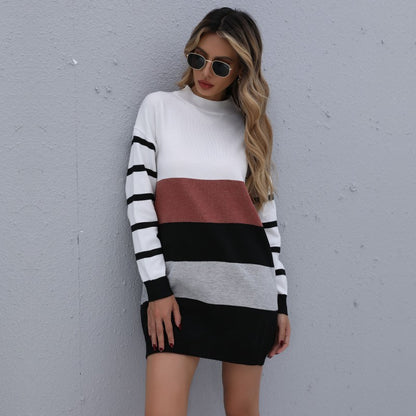 European And American Striped Color-blocking Long Half High Neck Knitted Sweater Skirt