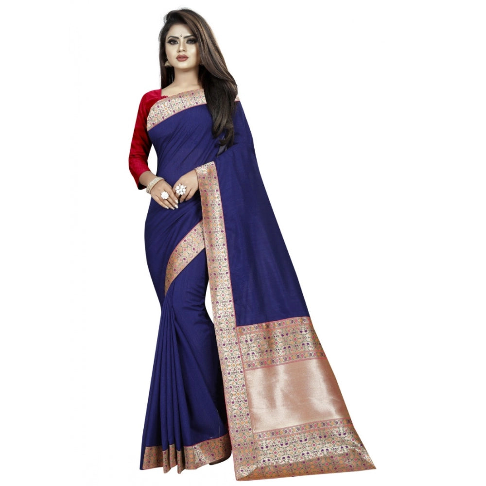 Generic Women's Vichitra Silk Saree with Blouse (Blue,5-6 mtrs)