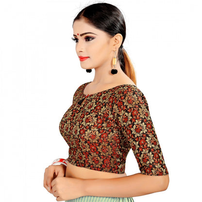 Generic Women's Brocade, Inner-Cotton Full Stitched Padded Blouse (Black Red)