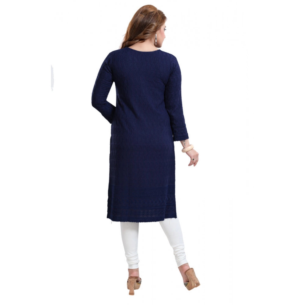 Generic Women's Rayon Embroidered Straight Kurti-Navy Blue