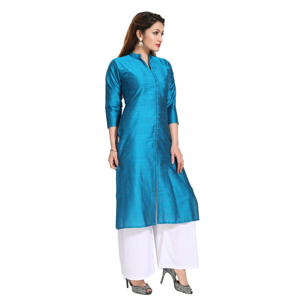 Generic Women's Silk Self Pattern Straight Kurti-Blue