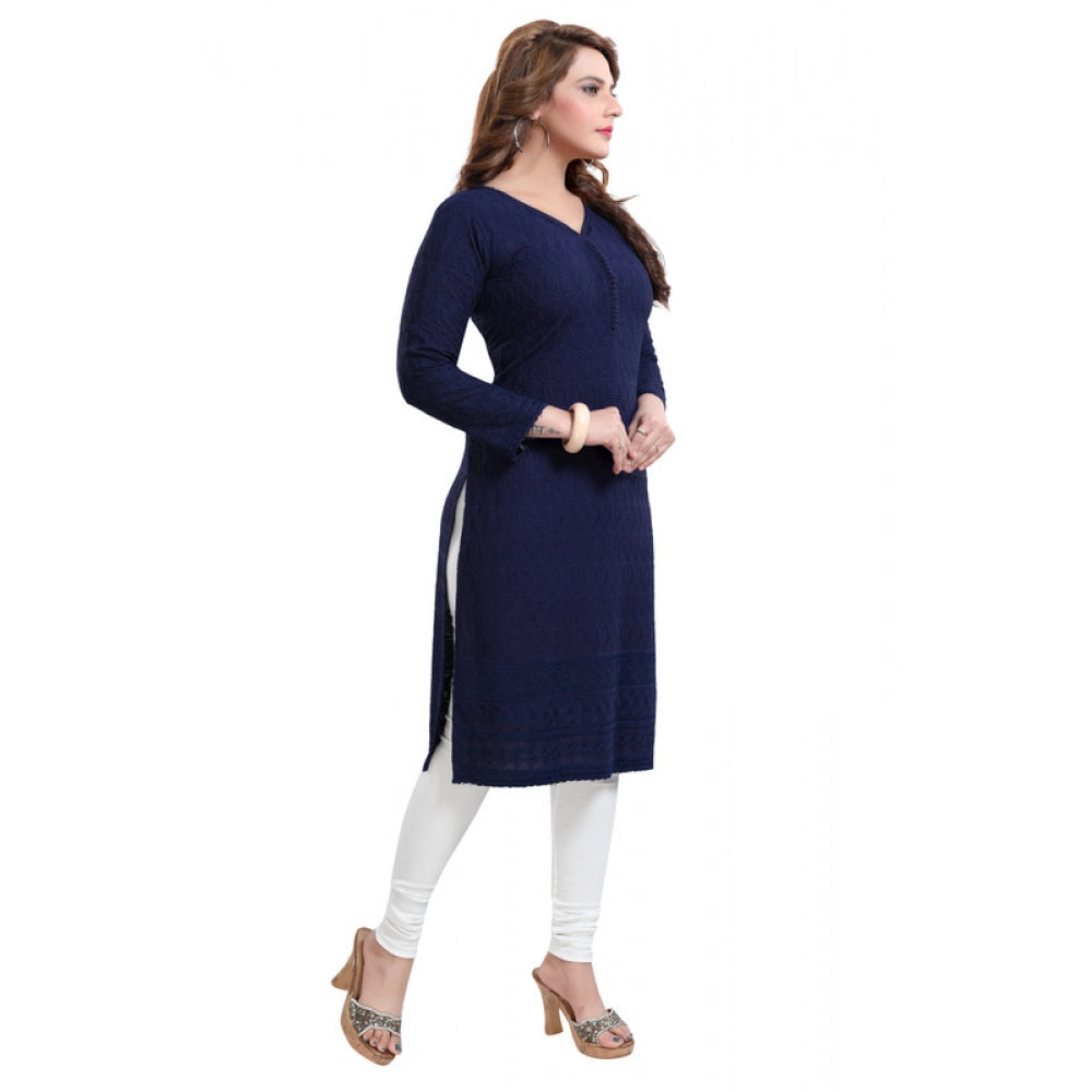 Generic Women's Rayon Embroidered Straight Kurti-Navy Blue