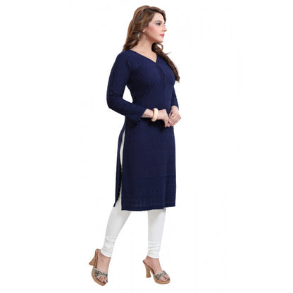 Generic Women's Rayon Embroidered Straight Kurti-Navy Blue