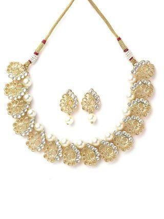 Karatcart Gold Plated Peacock Design Kundan and Pearl Choker Necklace Set for Women PRODUCT CODE (OS0006766)