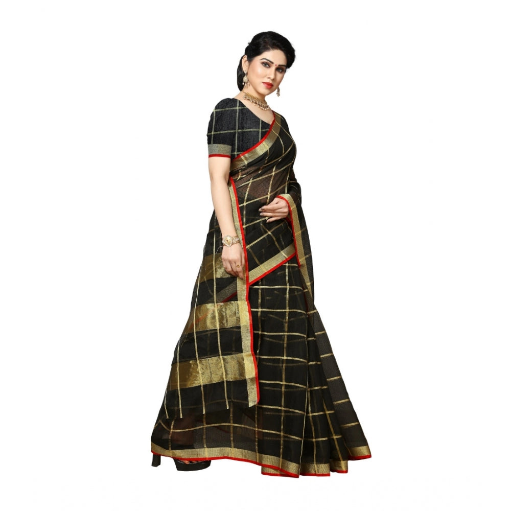 Generic Women's Kota Doria Cotton Saree With Blouse (Black,6-3 Mtrs)