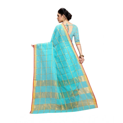 Generic Women's Kota Doria Cotton Saree With Blouse (Sky Blue,6-3 Mtrs)