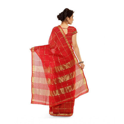 Generic Women's Kota Doria Cotton Saree With Blouse (Red,6-3 Mtrs)