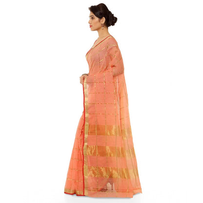 Generic Women's Kota Doria Cotton Saree With Blouse (Peach,6-3 Mtrs)