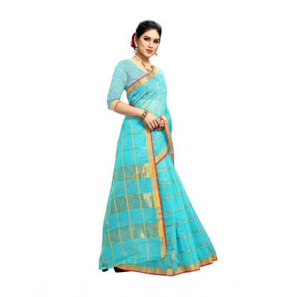 Generic Women's Kota Doria Cotton Saree With Blouse (Sky Blue,6-3 Mtrs)