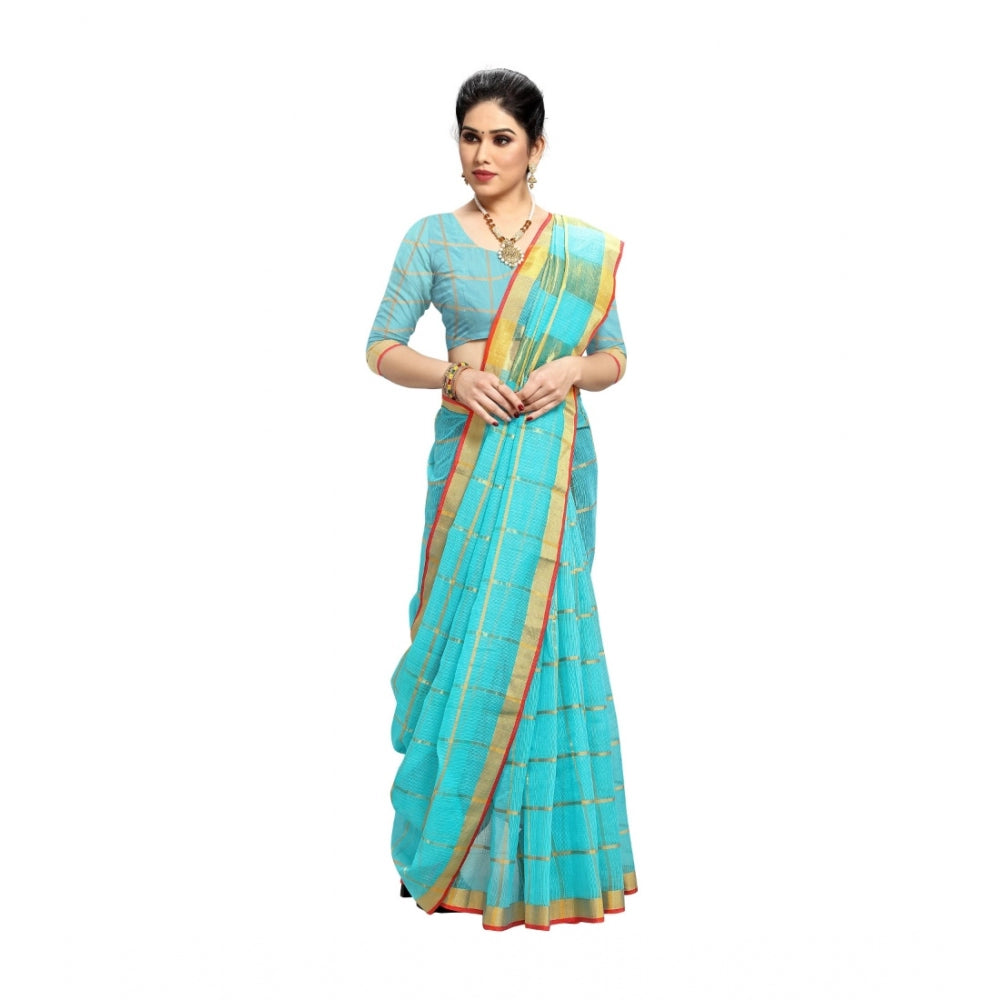 Generic Women's Kota Doria Cotton Saree With Blouse (Sky Blue,6-3 Mtrs)