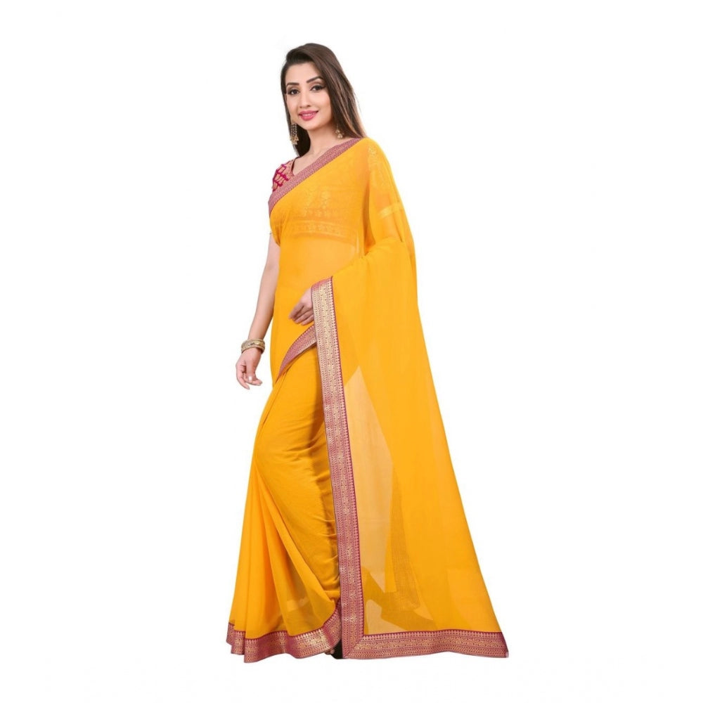 Generic Women's Chiifon, Jacquard Blouse Saree(Yellow,5-6 Mtrs)