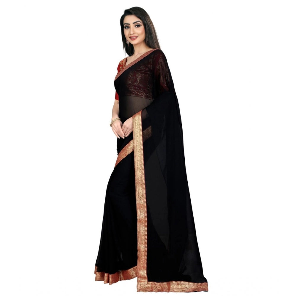 Generic Women's Chiifon, Jacquard Blouse Saree(Black,5-6 Mtrs)