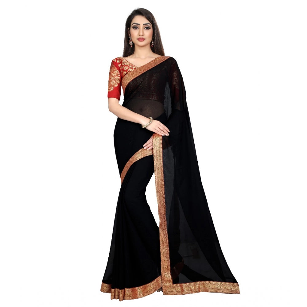 Generic Women's Chiifon, Jacquard Blouse Saree(Black,5-6 Mtrs)